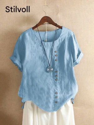 Damen T-Shirt Kurzarm Baumwolle Leinen Vintage Knöpfe Lässig Sommer