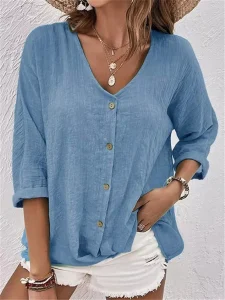 Elegante Damen Bluse Uni Knöpfe Langarm Lässig Urlaub Streetwear