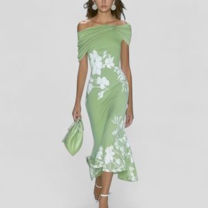 Elegantes Midi Kleid schulterfreies Blumenmuster Sommerkleid Damen festlich