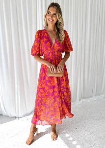 Elegantes Midikleid Blumenmuster | Puffärmel V-Ausschnitt