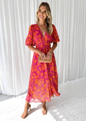 Elegantes Midikleid Blumenmuster | Puffärmel V-Ausschnitt