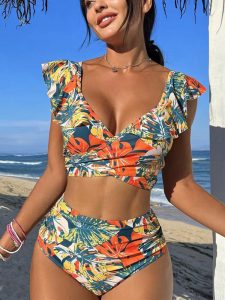 Damen High Waist Bikini Set mit Muster für Strand & Pool
