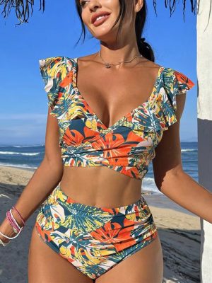 Damen High Waist Bikini Set mit Muster für Strand & Pool