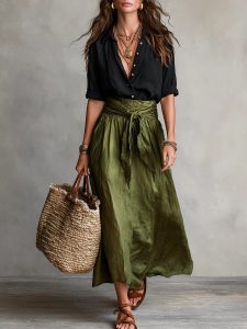 Eleganter Damen Zweiteiler | Schwarzes Shirt & Olivgrüner Rock
