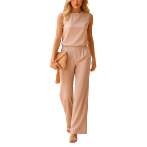 Sommer Damen Jumpsuit ärmellos Rundhals weites Bein Overall