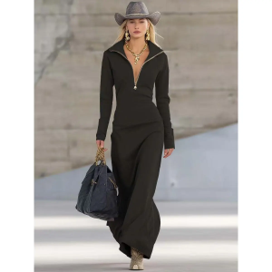 Schwarzes Maxikleid Damen – Rollkragen & Reißverschluss