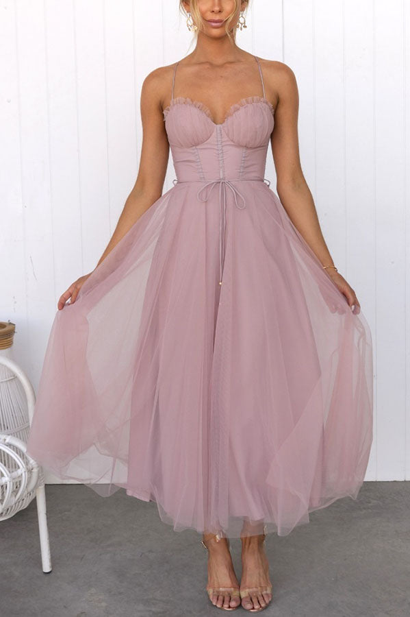 Damen Tüllkleid Korsett Midi Festlich Elegant – Bild 10