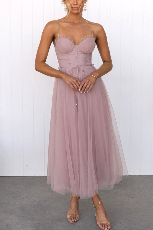 Damen Tüllkleid Korsett Midi Festlich Elegant – Bild 9