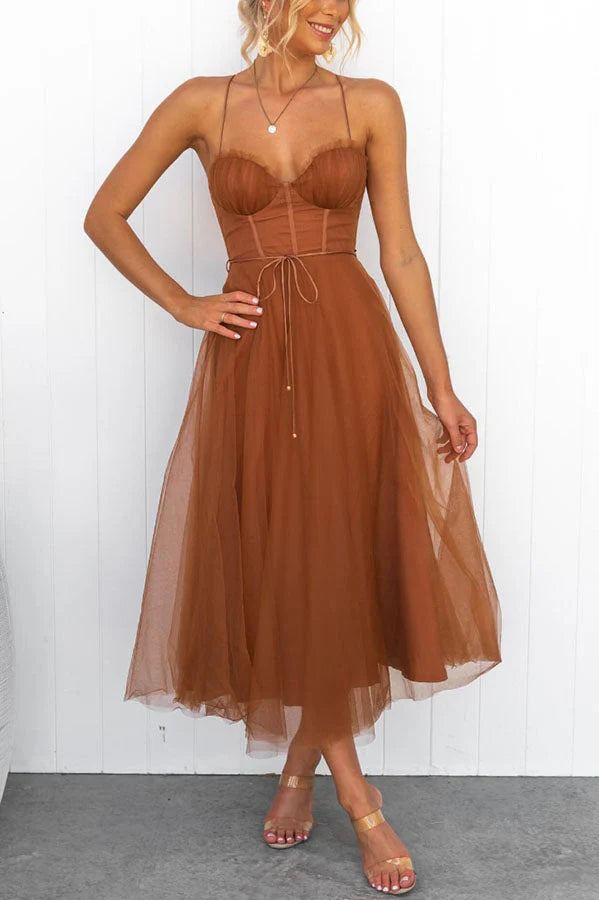 Damen Tüllkleid Korsett Midi Festlich Elegant – Bild 3