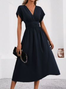 Damen Midikleid V-Ausschnitt Plissee 3/4 Arm Business