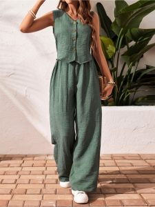 Frauen Hosenanzug Sommer Weste Weite Hose Set