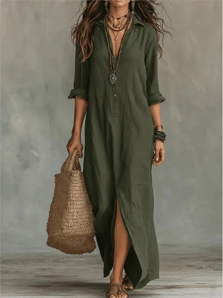 Damen Baumwoll Hemdblusenkleid Dreiviertelarm Locker – Bild 5