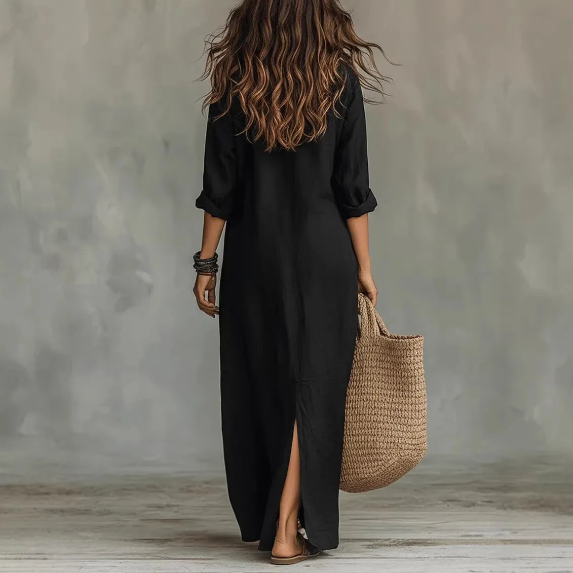 Damen Baumwoll Hemdblusenkleid Dreiviertelarm Locker – Bild 6