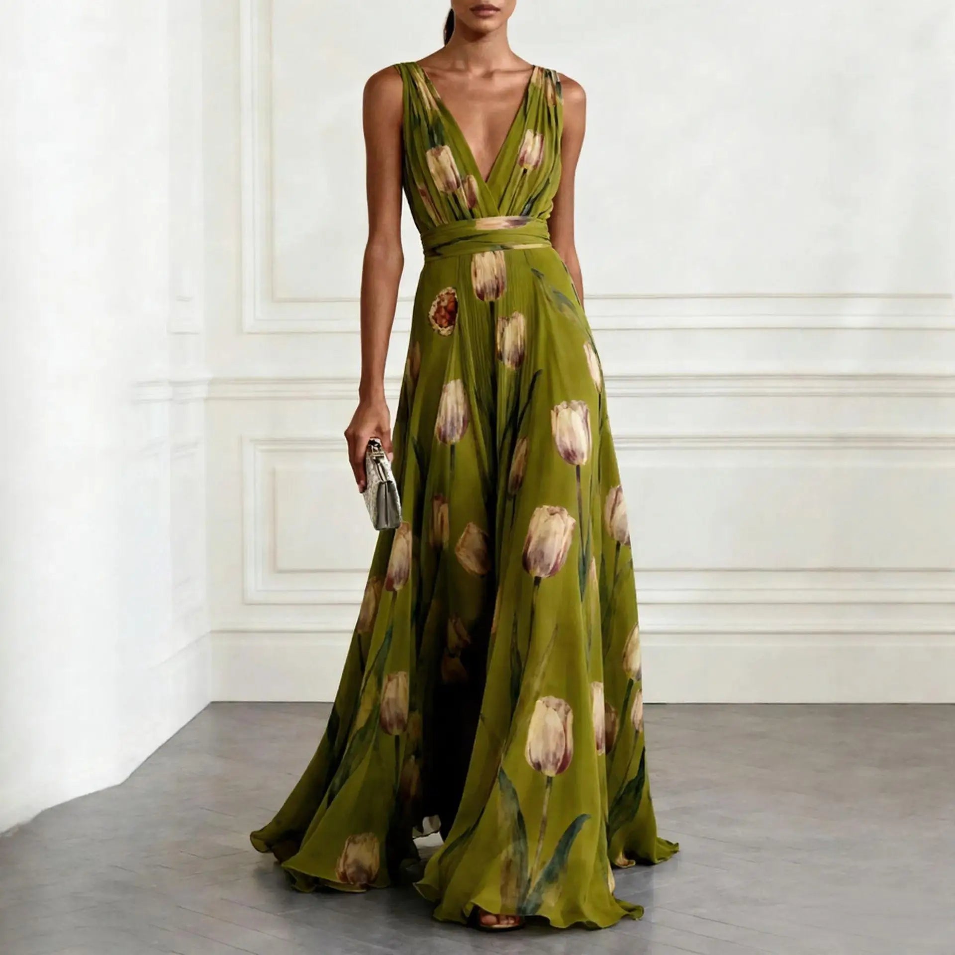 Damen Maxikleid Blumenmuster Festlich V-Ausschnitt – Bild 4