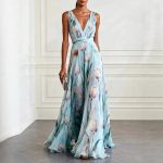 Damen Maxikleid Blumenmuster Festlich V-Ausschnitt