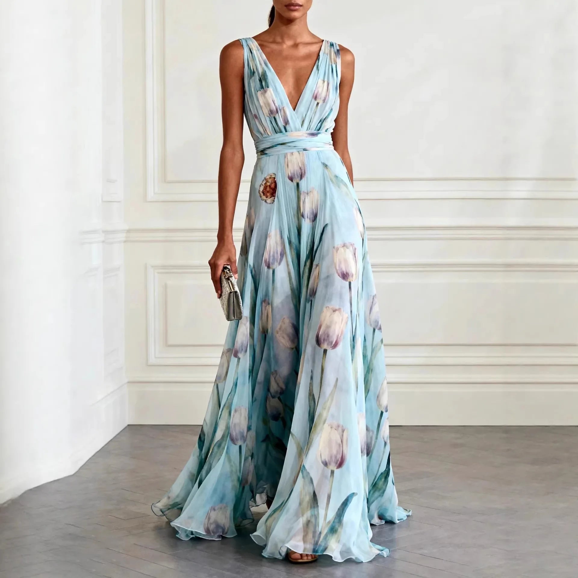 Damen Maxikleid Blumenmuster Festlich V-Ausschnitt