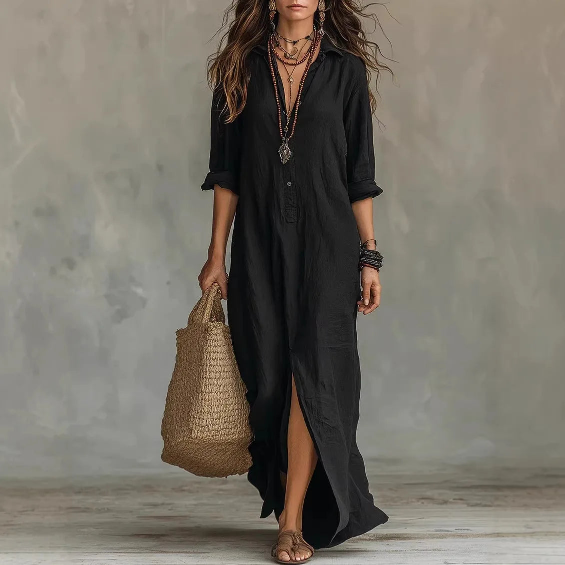 Damen Baumwoll Hemdblusenkleid Dreiviertelarm Locker – Bild 2