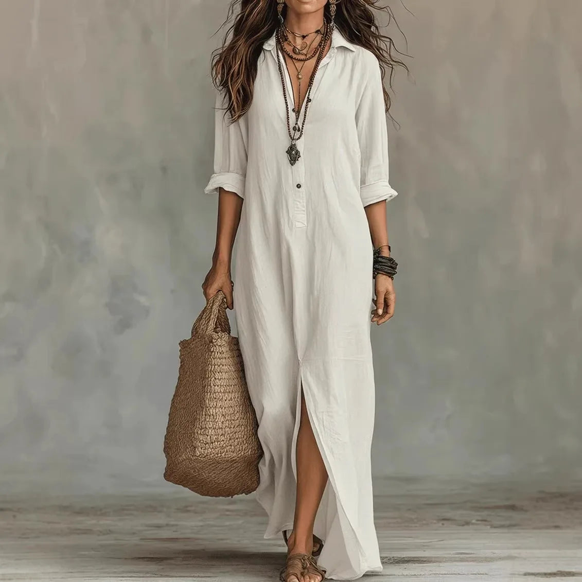 Damen Baumwoll Hemdblusenkleid Dreiviertelarm Locker