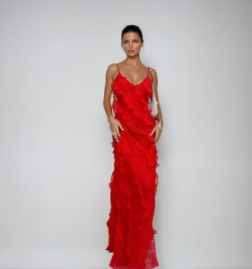 Abendkleid Chiffon Damen V-Ausschnitt Rüschen Maxikleid