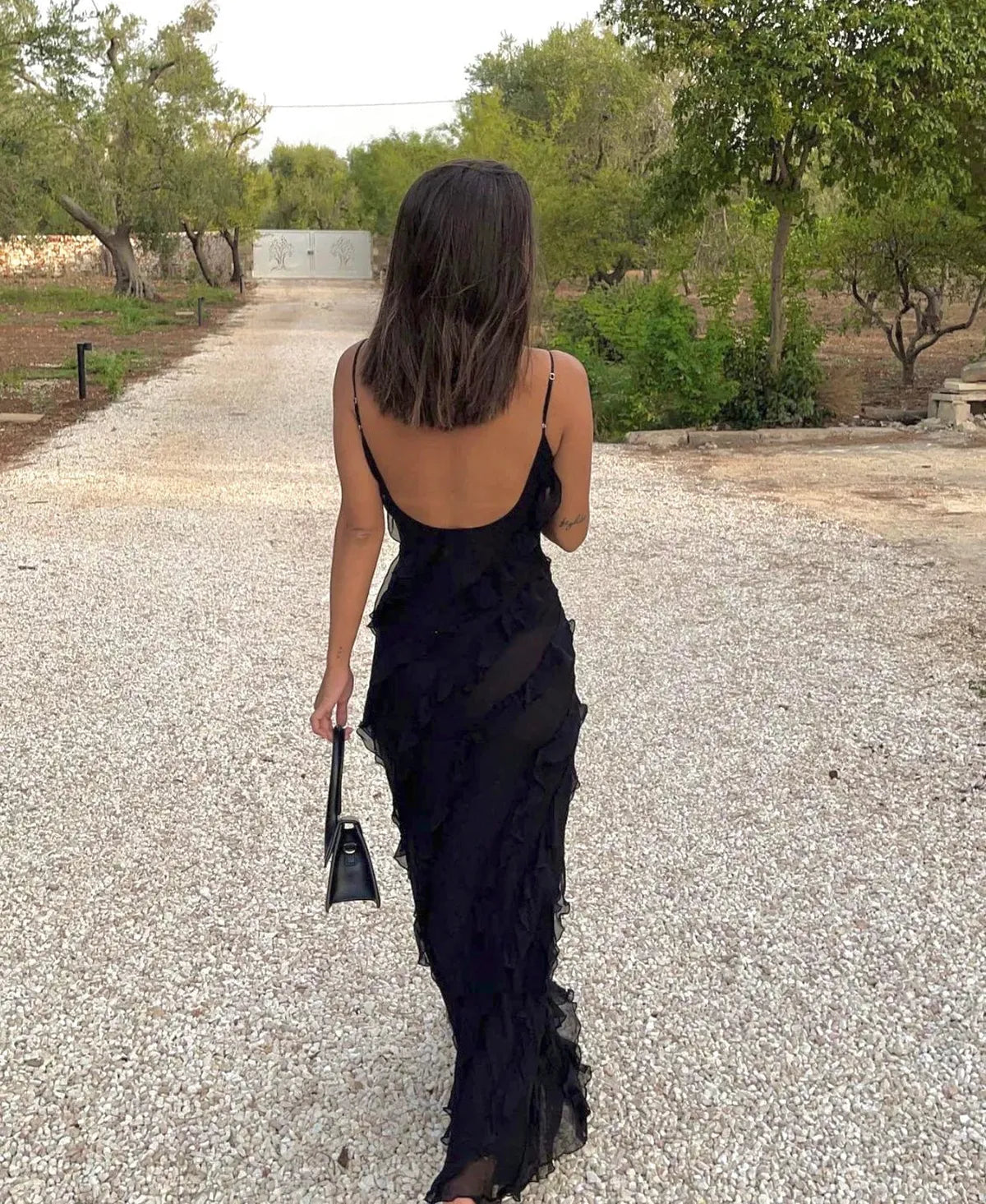 Abendkleid Chiffon Damen V-Ausschnitt Rüschen Maxikleid – Bild 7