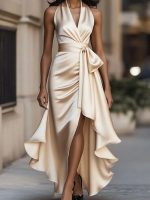 Satin Abendkleid V-Ausschnitt Unregelmäßiger Saum
