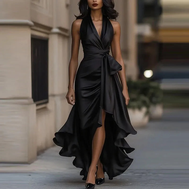 Satin Abendkleid V-Ausschnitt Unregelmäßiger Saum – Bild 5