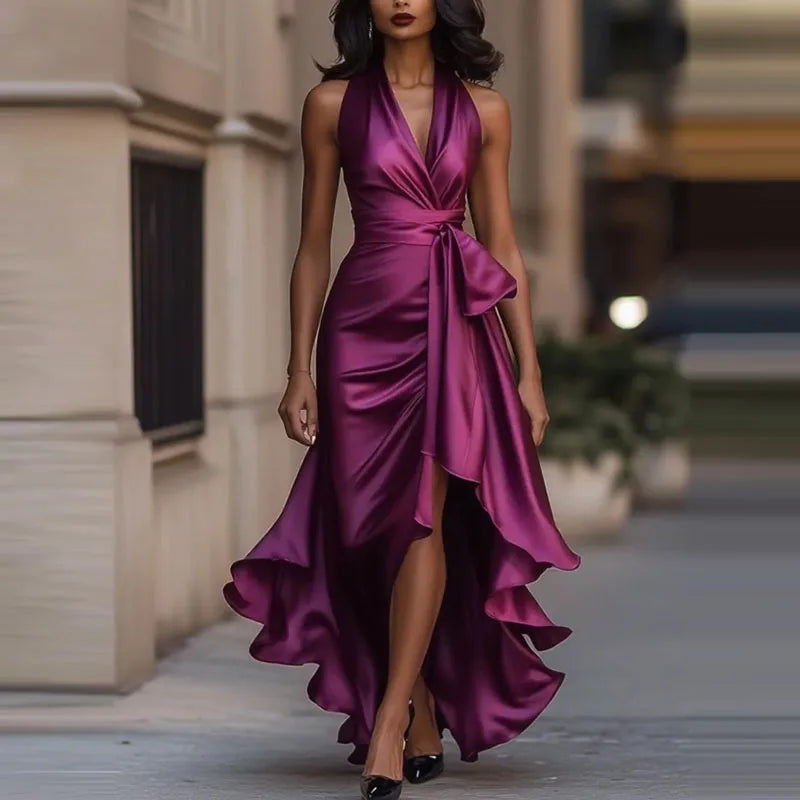 Satin Abendkleid V-Ausschnitt Unregelmäßiger Saum – Bild 3