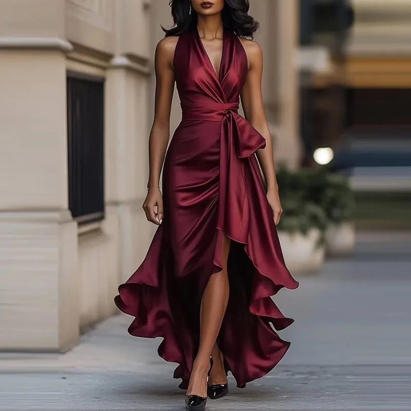 Satin Abendkleid V-Ausschnitt Unregelmäßiger Saum – Bild 2