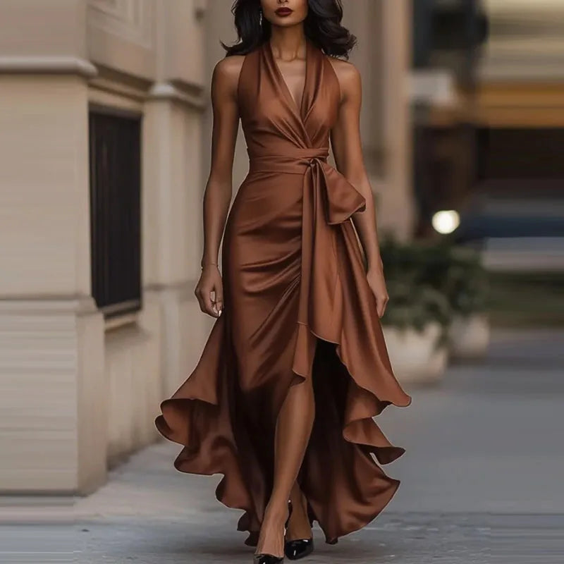 Satin Abendkleid V-Ausschnitt Unregelmäßiger Saum – Bild 9