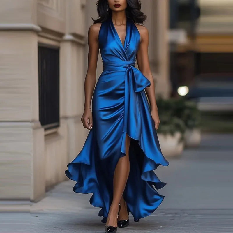 Satin Abendkleid V-Ausschnitt Unregelmäßiger Saum – Bild 4