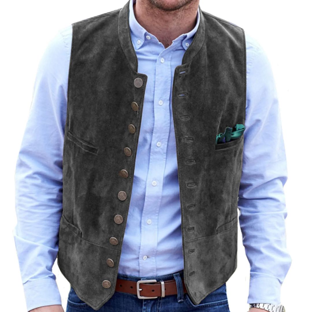 Elegante Herrenweste Tracht Hirschledersamt 10 Knöpfe – Bild 5