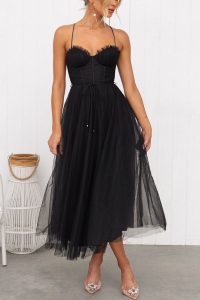 Damen Tüllkleid Korsett Midi Festlich Elegant