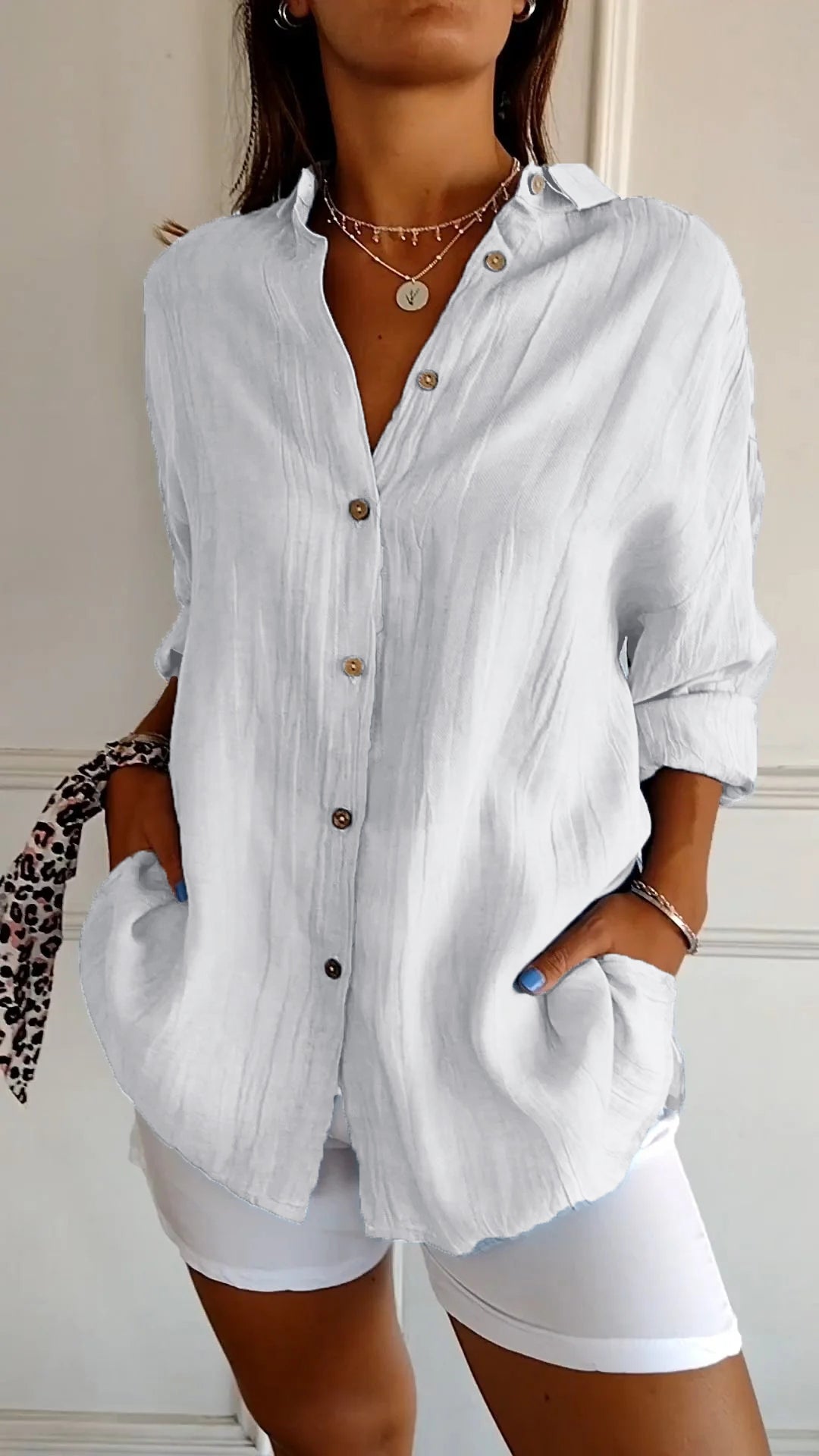 Damen Leinenbluse Langarm Lockerer Schnitt Sommer – Bild 12