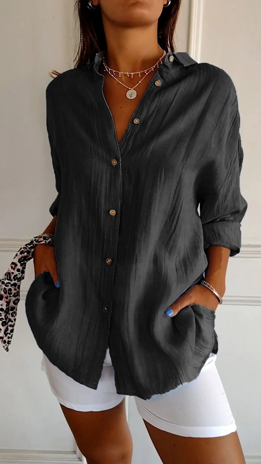 Damen Leinenbluse Langarm Lockerer Schnitt Sommer – Bild 11