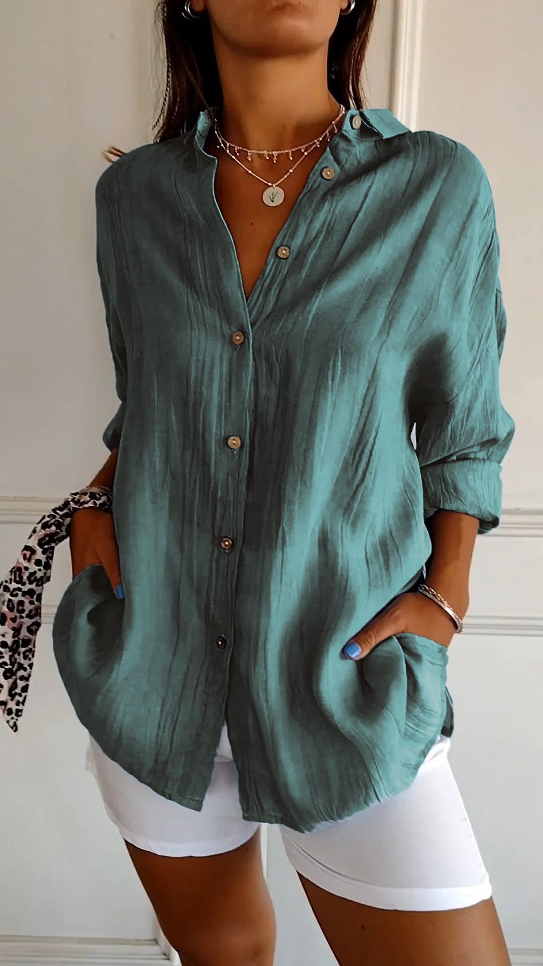 Damen Leinenbluse Langarm Lockerer Schnitt Sommer – Bild 6