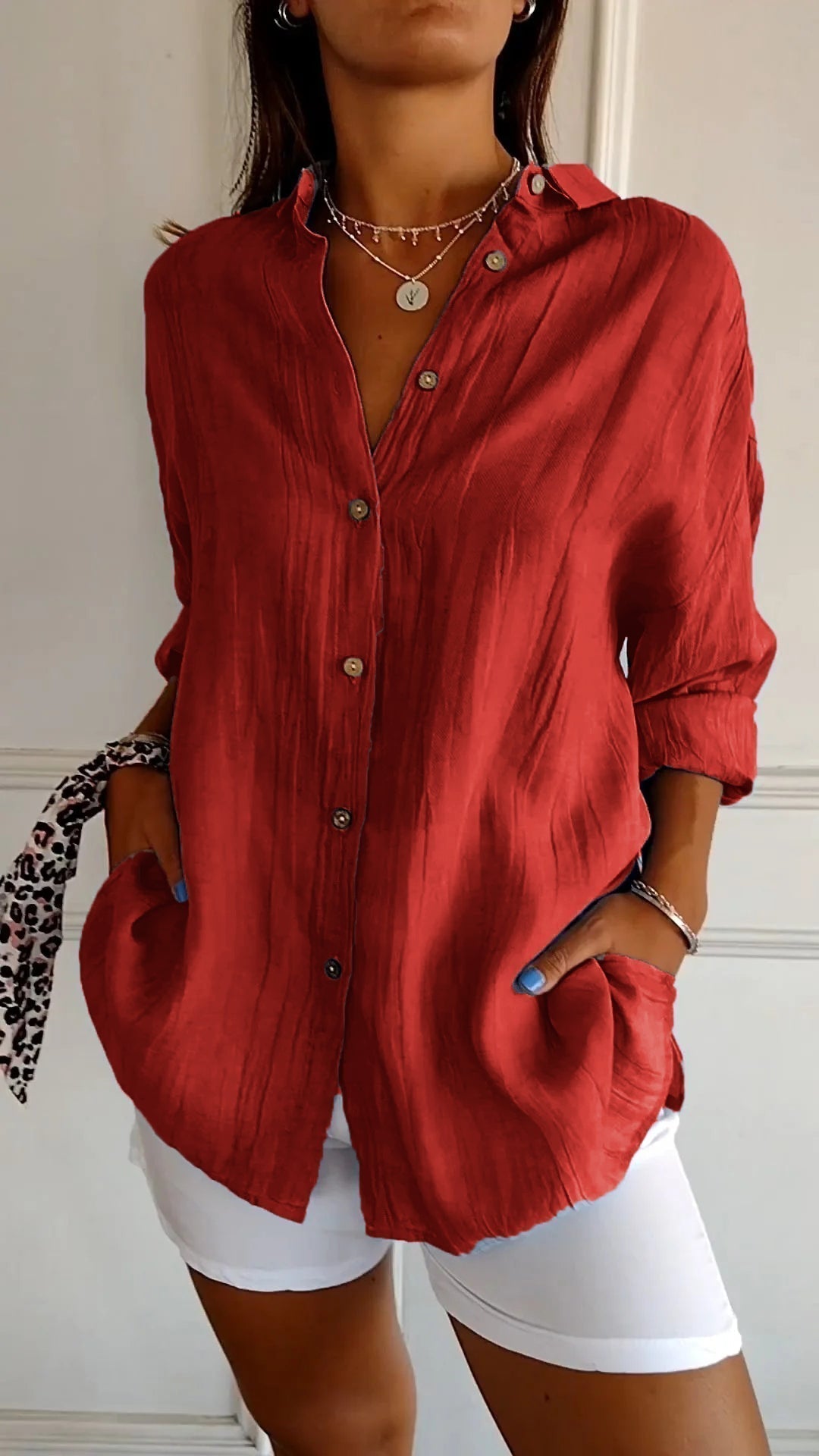 Damen Leinenbluse Langarm Lockerer Schnitt Sommer – Bild 7