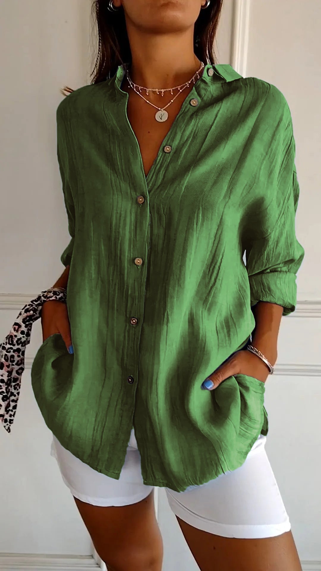 Damen Leinenbluse Langarm Lockerer Schnitt Sommer – Bild 8