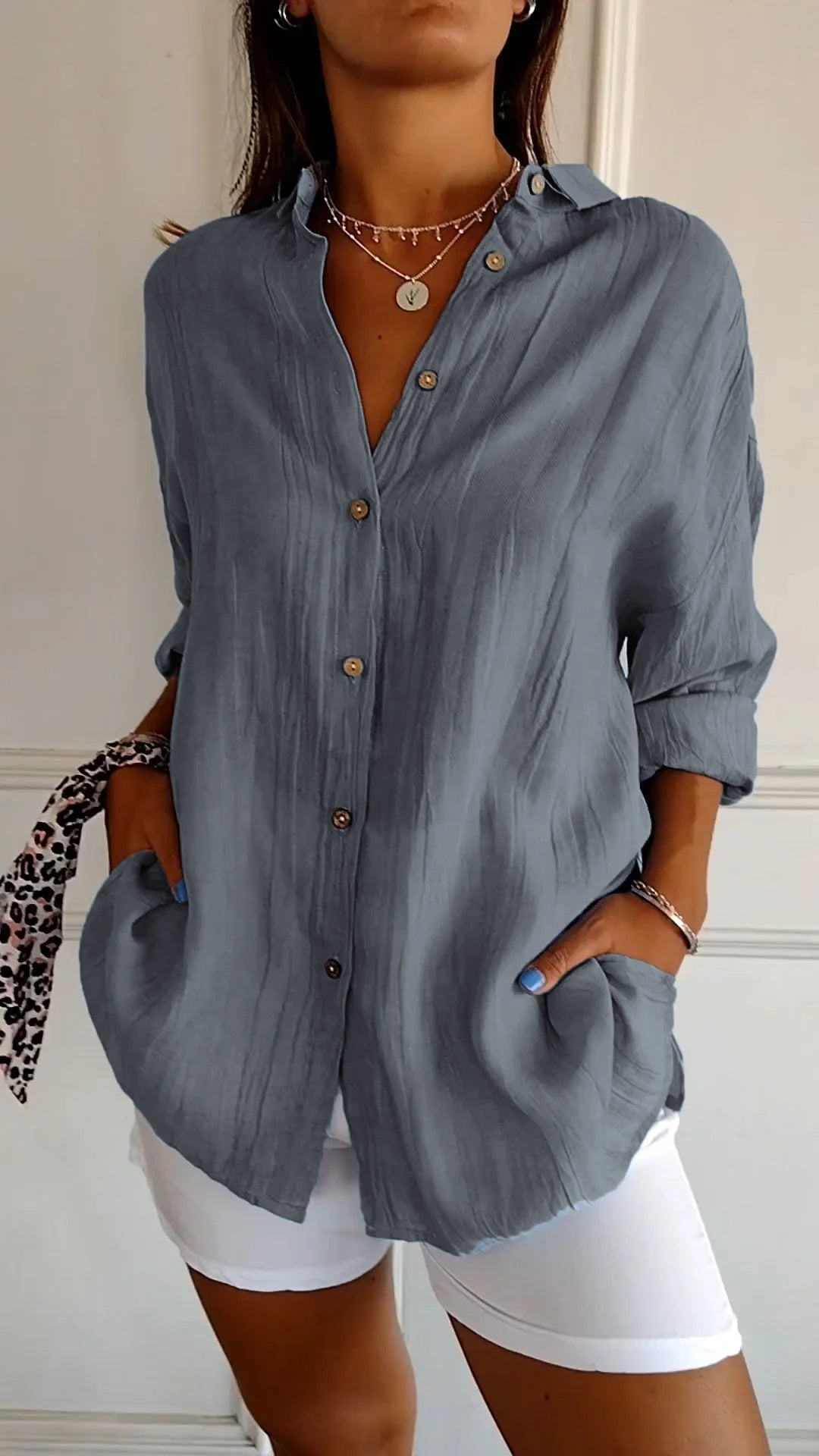 Damen Leinenbluse Langarm Lockerer Schnitt Sommer – Bild 10