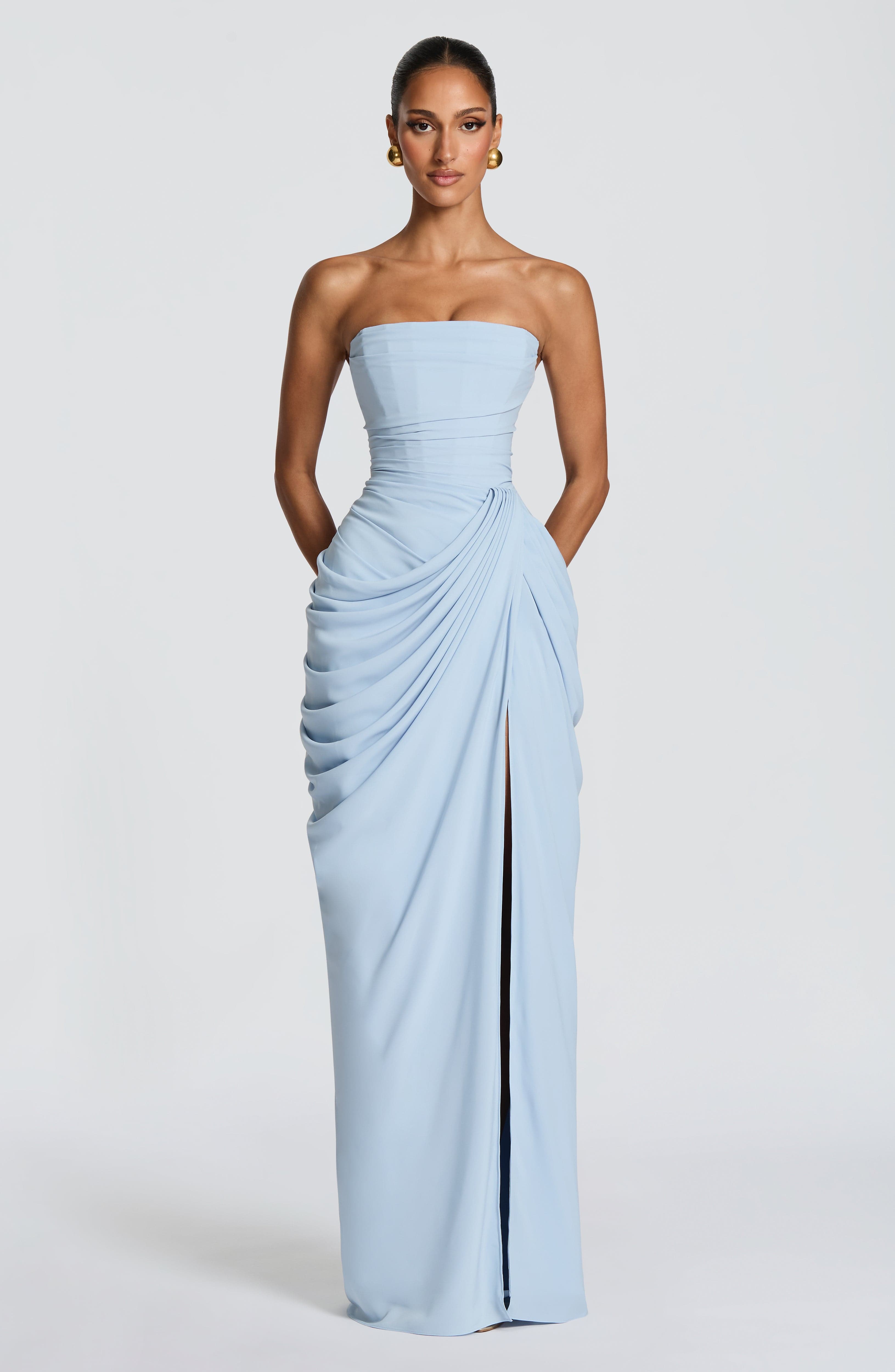 Damen Kleid Chiffon Satin Futter Rückenschnürung Beinschlitz – Bild 4