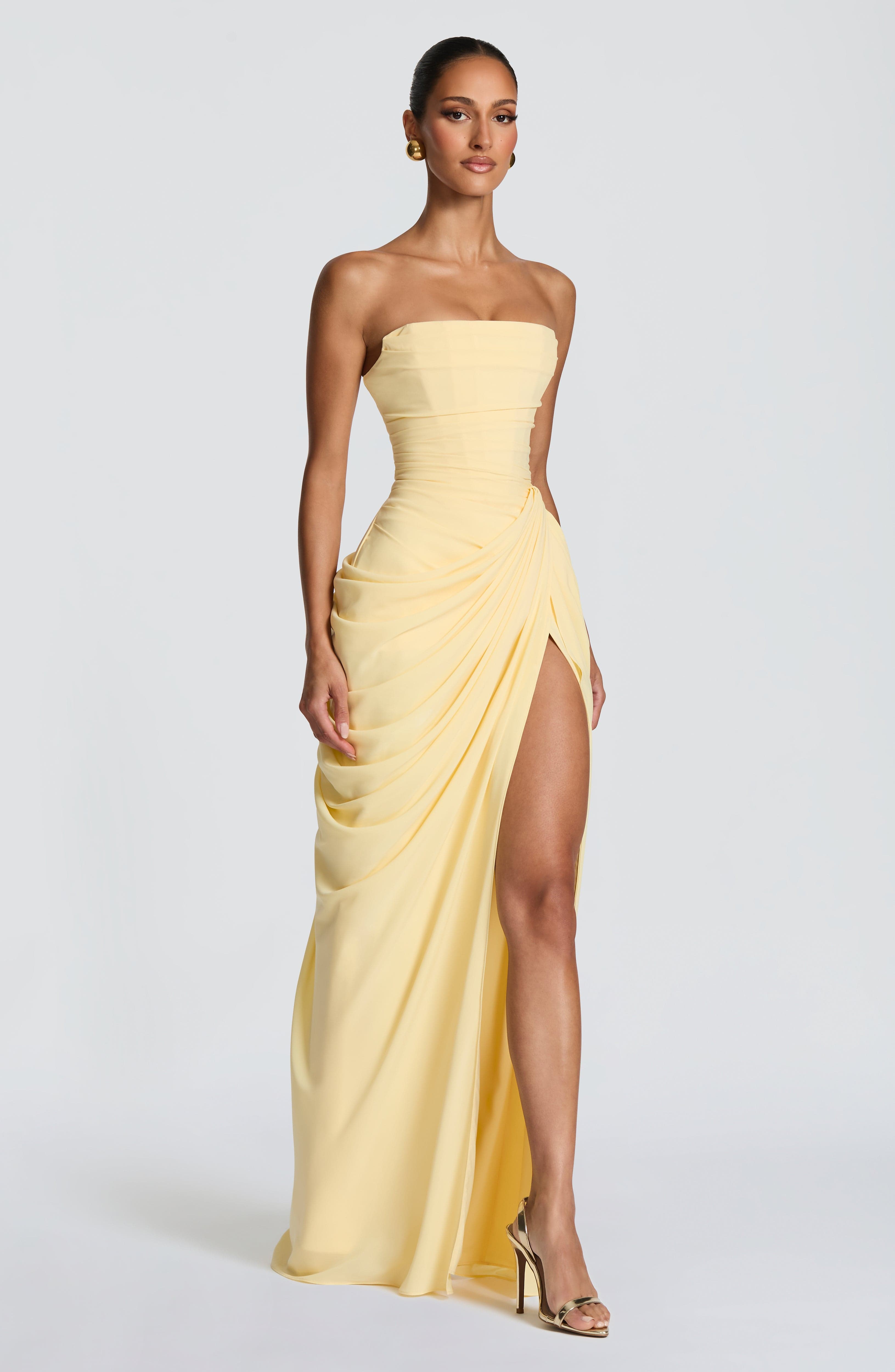 Damen Kleid Chiffon Satin Futter Rückenschnürung Beinschlitz – Bild 5