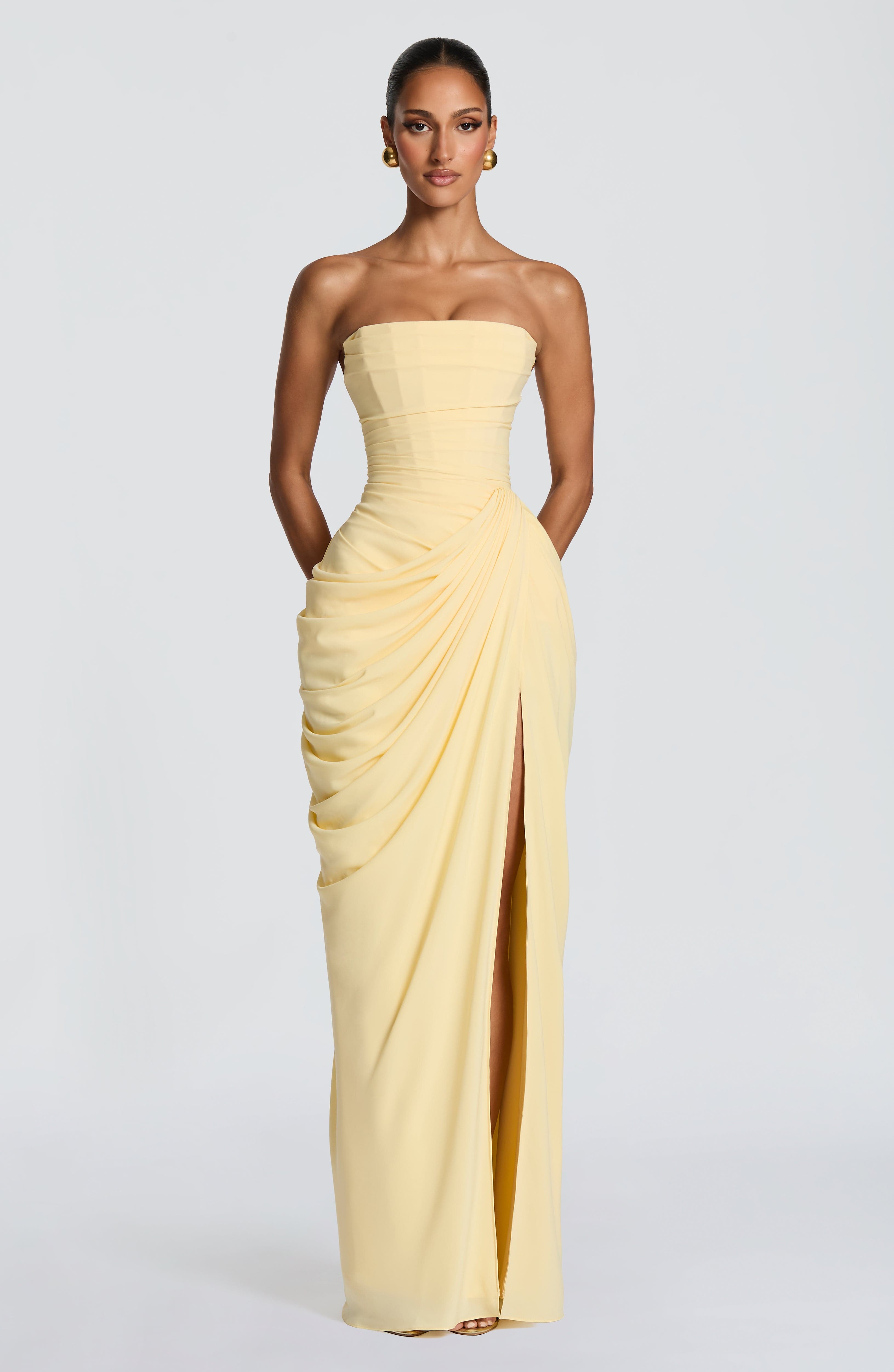 Damen Kleid Chiffon Satin Futter Rückenschnürung Beinschlitz – Bild 7