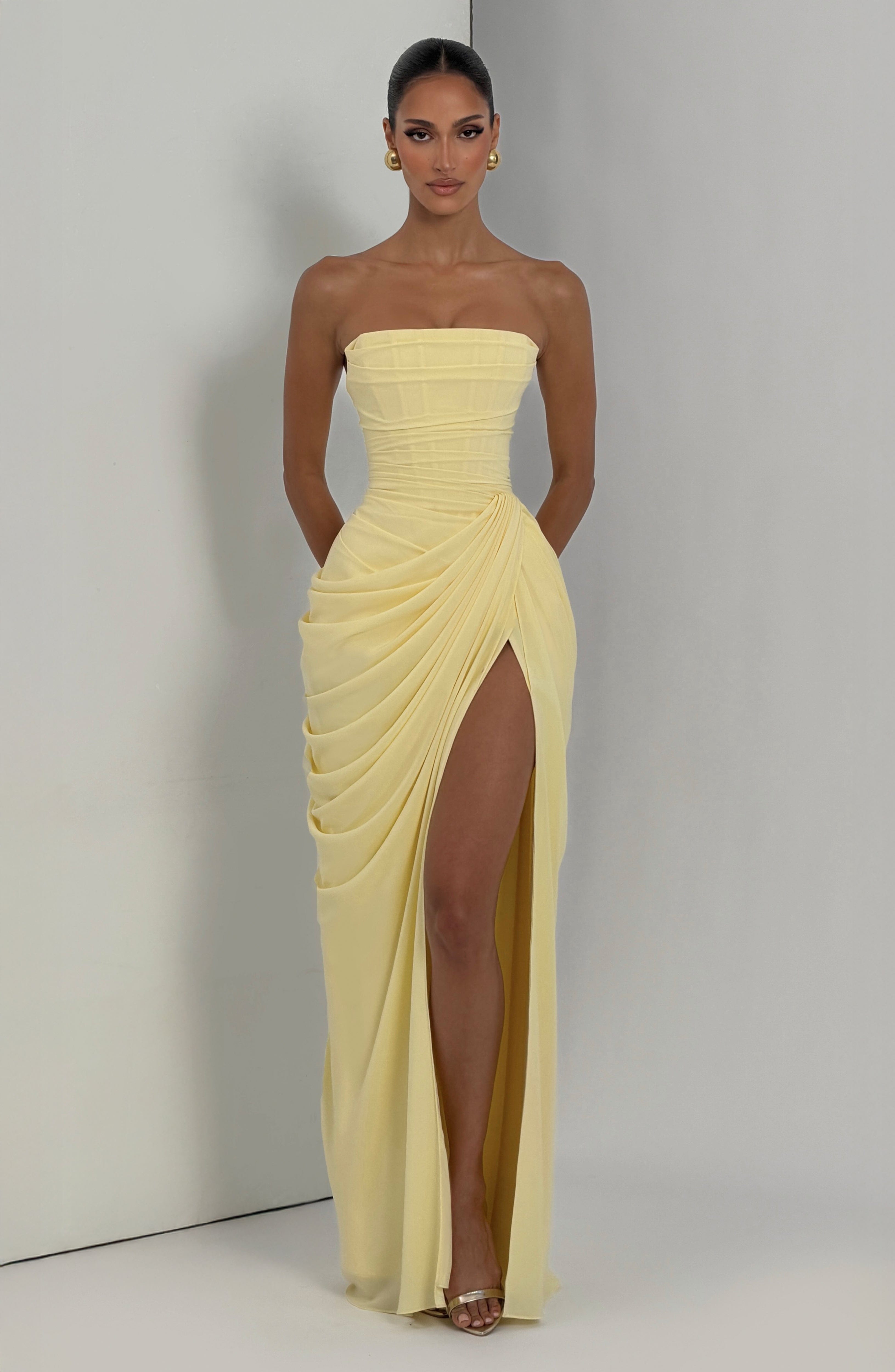Damen Kleid Chiffon Satin Futter Rückenschnürung Beinschlitz – Bild 9
