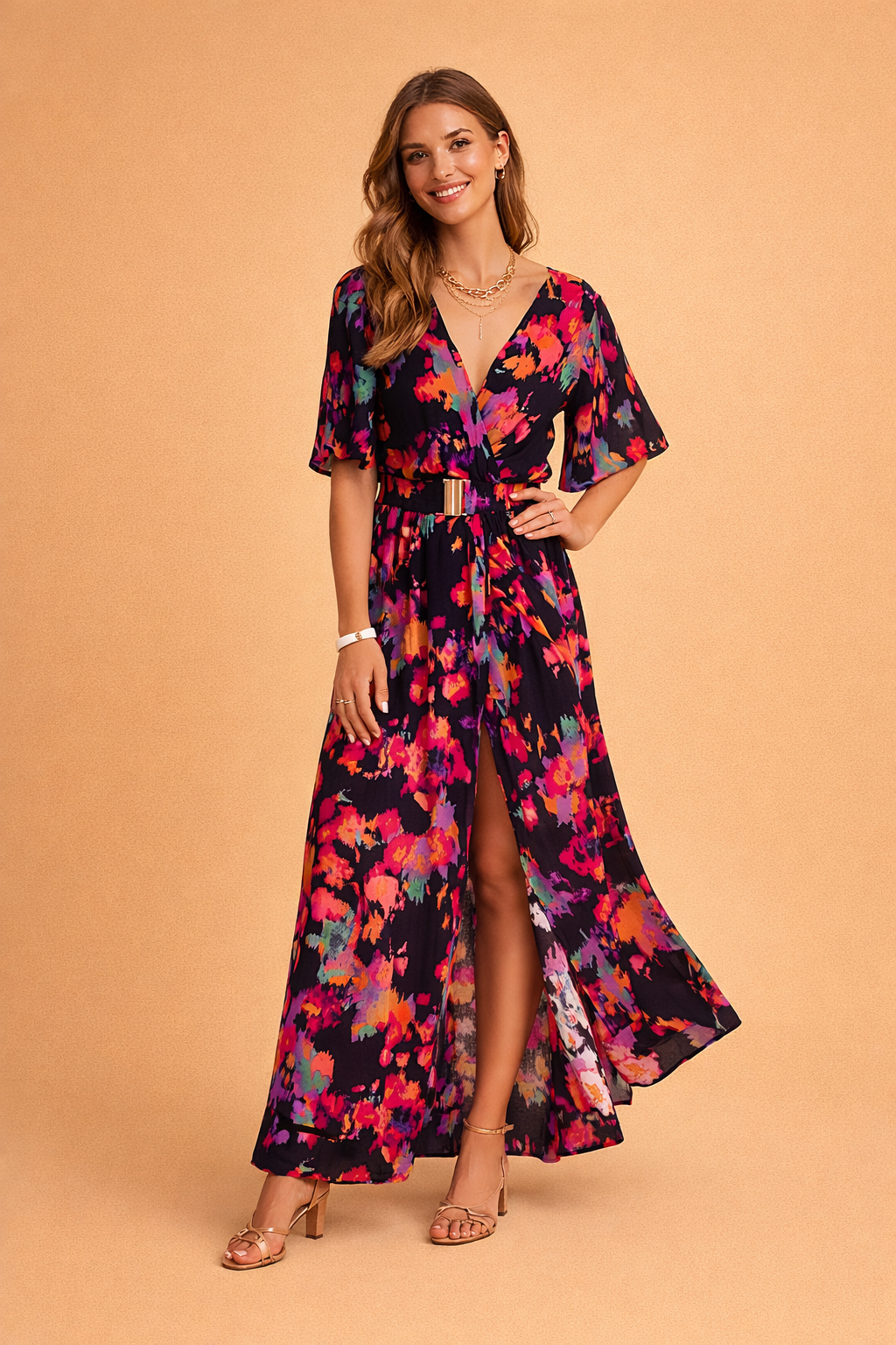 Damen Wickelkleid Maxi bequem leichter Stoff – Bild 3