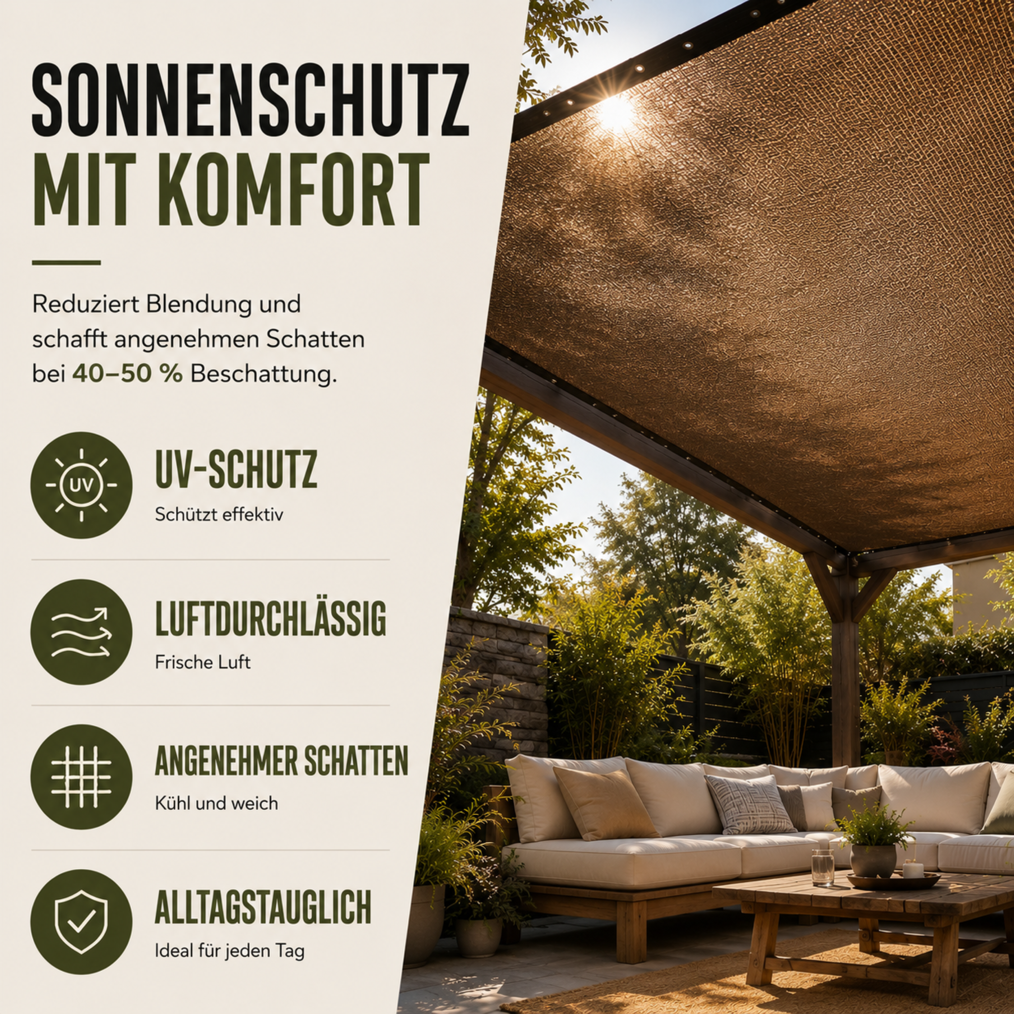 Sonnensegel atmungsaktiv für Terrasse Garten Camping – Bild 4