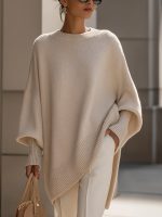 Damen Oversize Pullover mit Rundhals und Rippbündchen