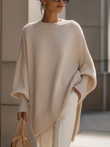 Damen Oversize Pullover mit Rundhals und Rippbündchen