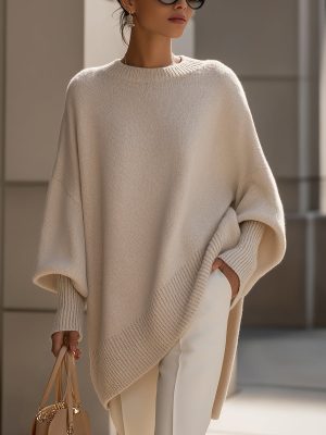 Damen Oversize Pullover mit Rundhals und Rippbündchen