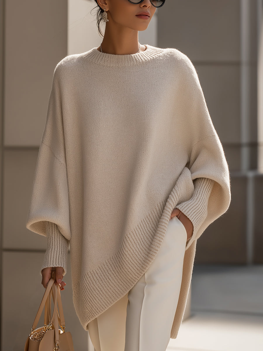 Damen Oversize Pullover mit Rundhals und Rippbündchen