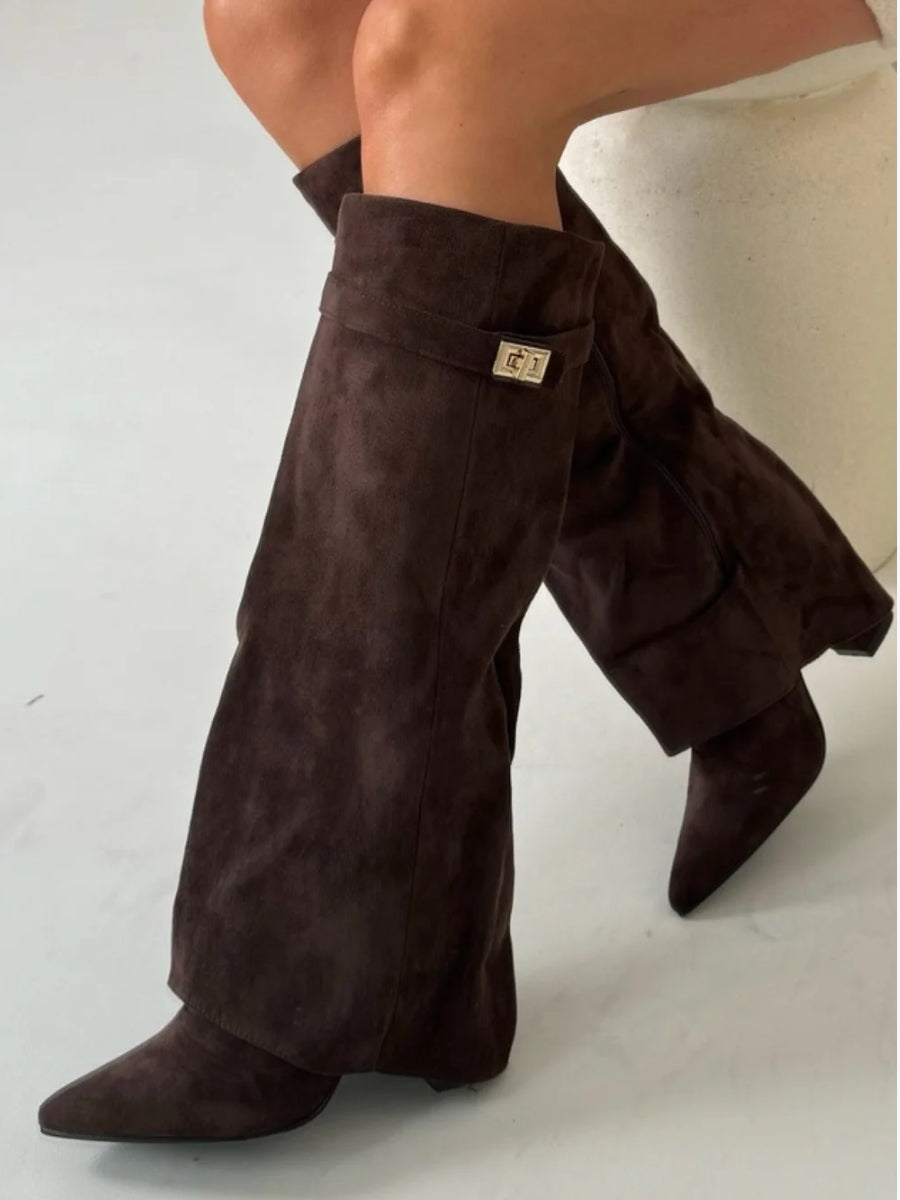 Damen Stiefel aus Kalbsvelours mit goldenem Verschluss – Bild 3