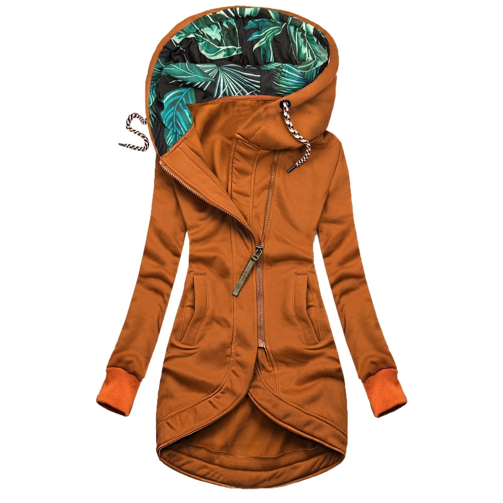 Damen Regenjacke winddicht asymmetrisch Kapuze Blätterprint – Bild 7